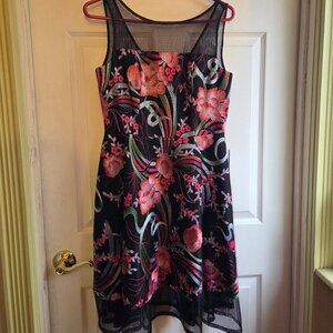 AIDAN $450 Cocktail Black Mesh Pink Embroidered Evening Dress size 10 GORGEOUS